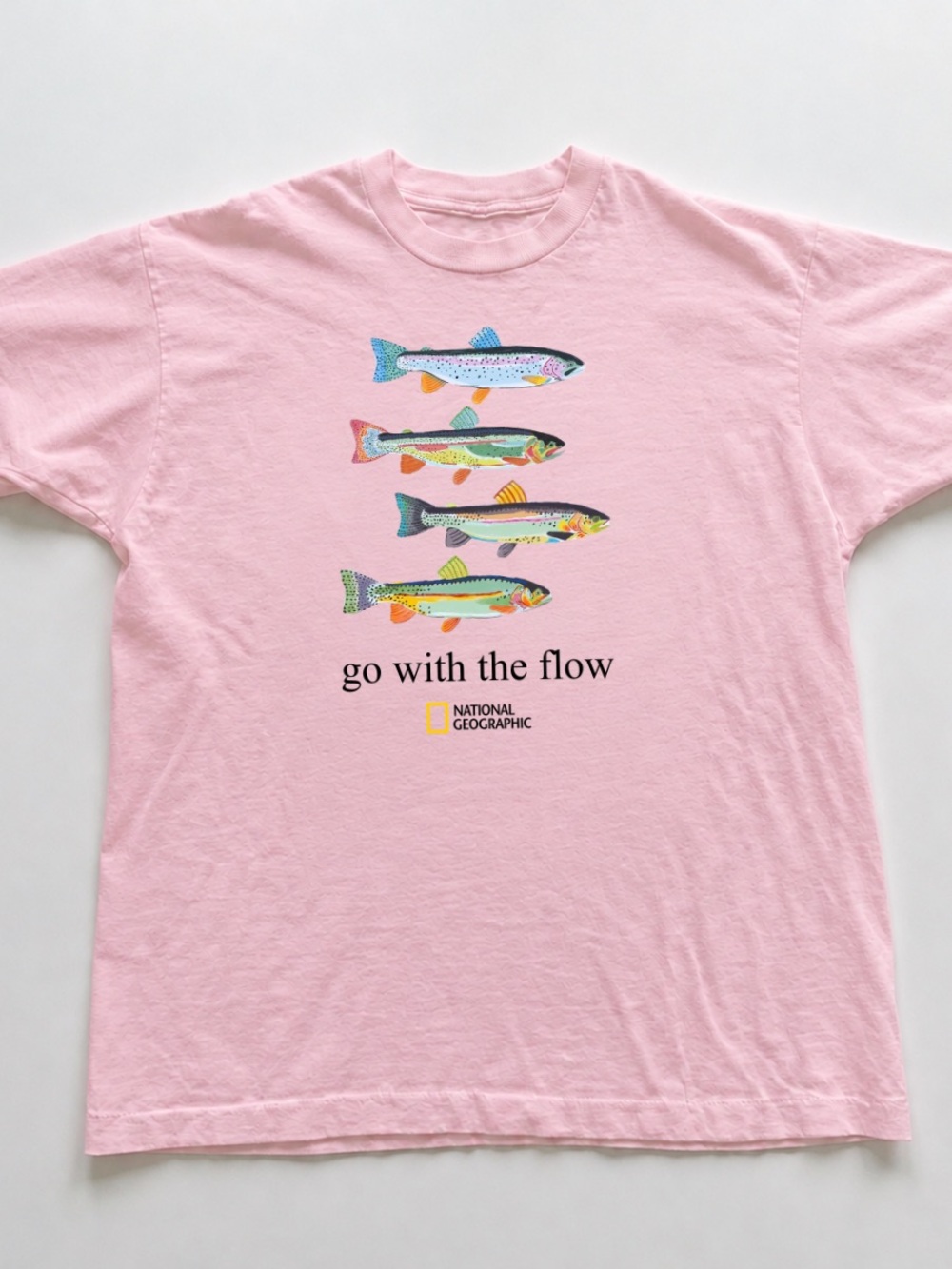 Gildan Light Pink Graphic Tee with Colorful Fish Artwork